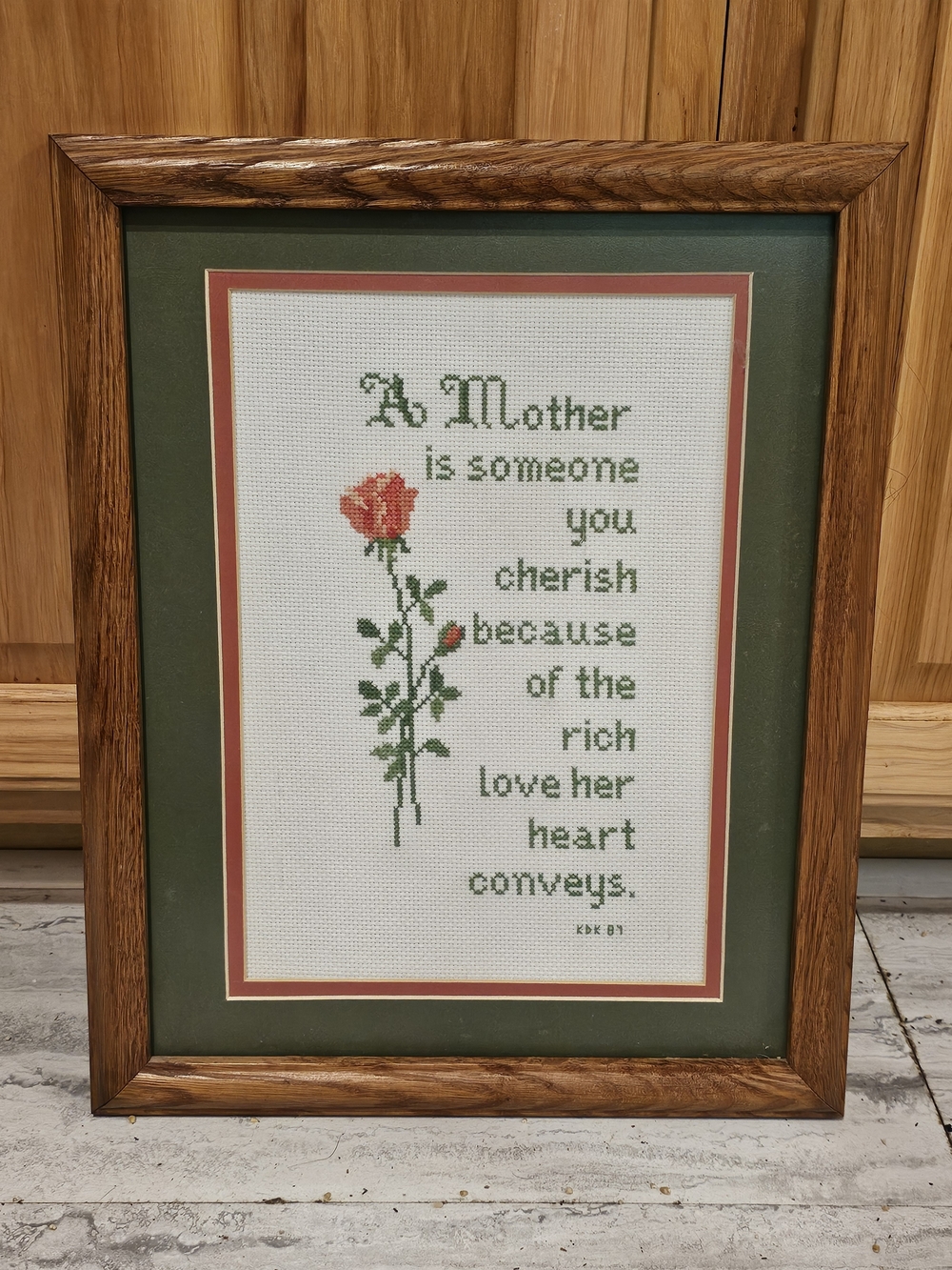 Framed Floral Mother Trubute Cross-Stitch Wall Art - Green and Pink